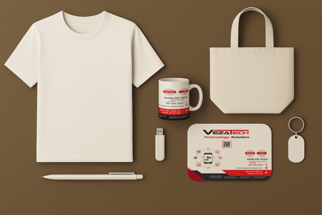 Branded promotional items including mugs and shirts from VezaTech's technology services in Miami